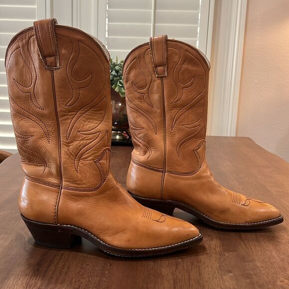 1977 Stewart Hand Made Leather Cowboy Boots Tan USA Men 8.5D Western Pointed Toe - Picture 4 of 11